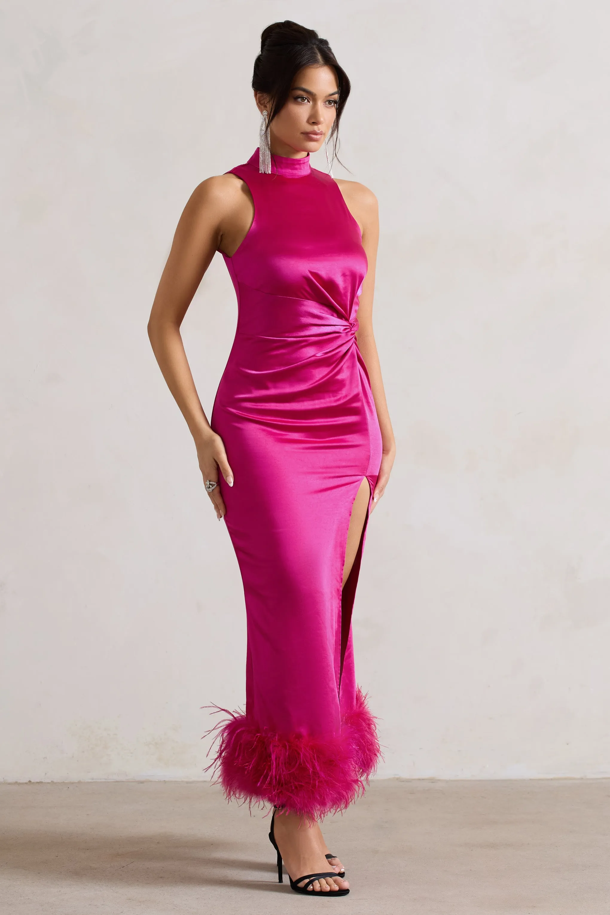 Zoe | Dark Pink Satin Twist Split Maxi Dress With Feather Trim Club L London