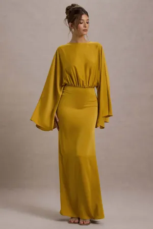 Zuzanna | Mustard Draped Maxi Dress With Cape Sleeves Club L London