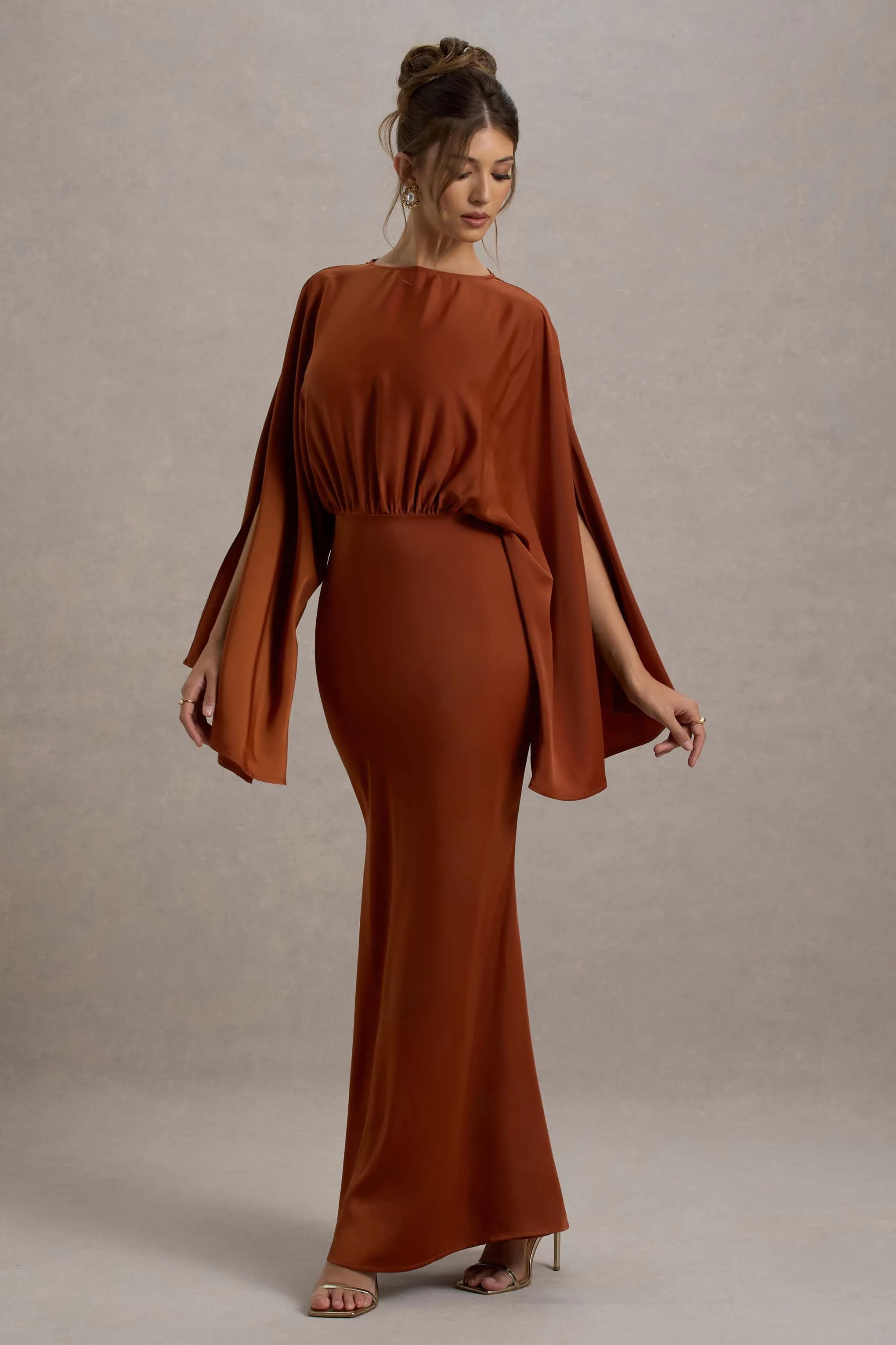 Zuzanna | Rust Draped Maxi Dress With Cape Sleeves Club L London