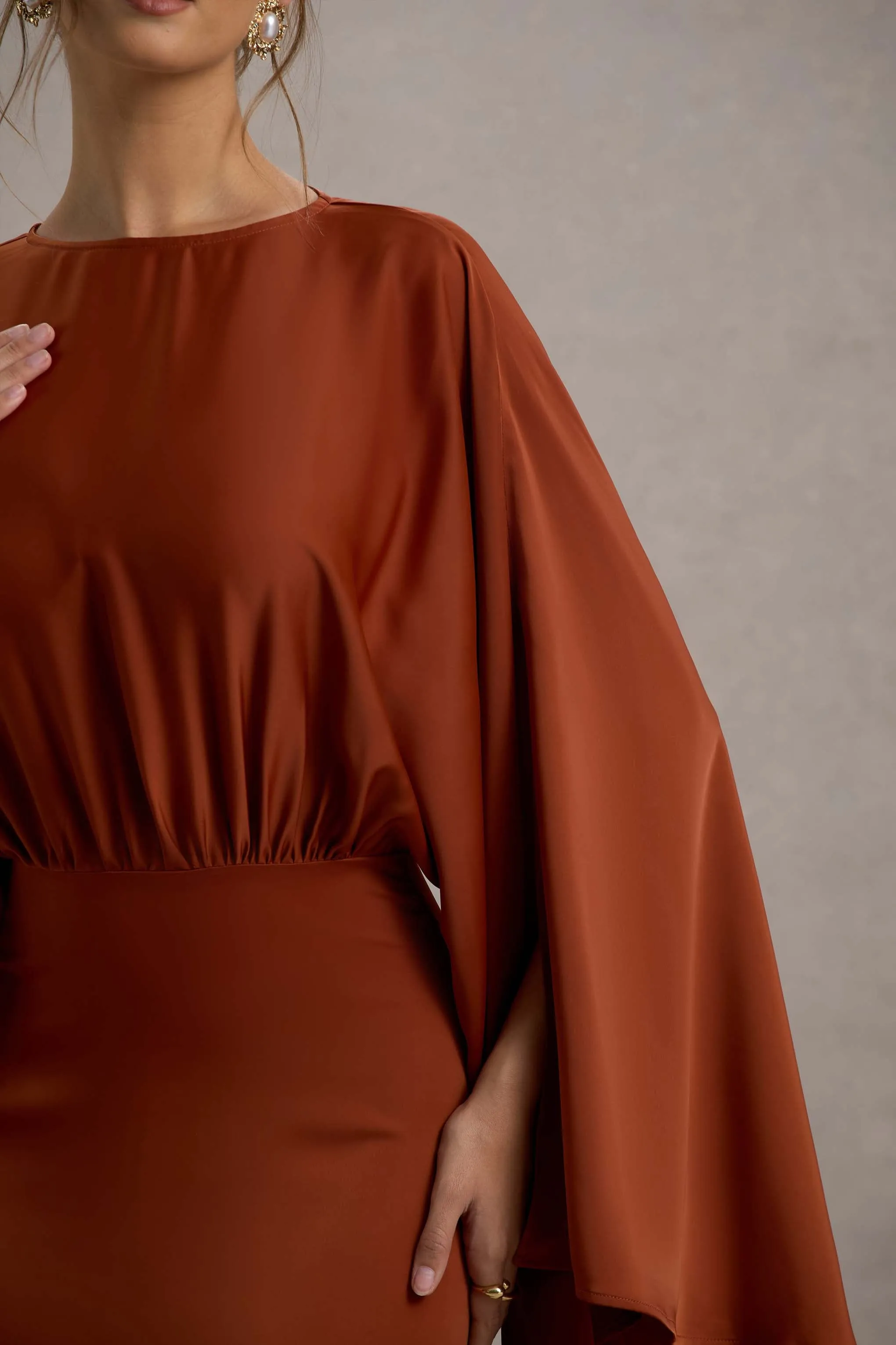 Zuzanna | Rust Draped Maxi Dress With Cape Sleeves Club L London