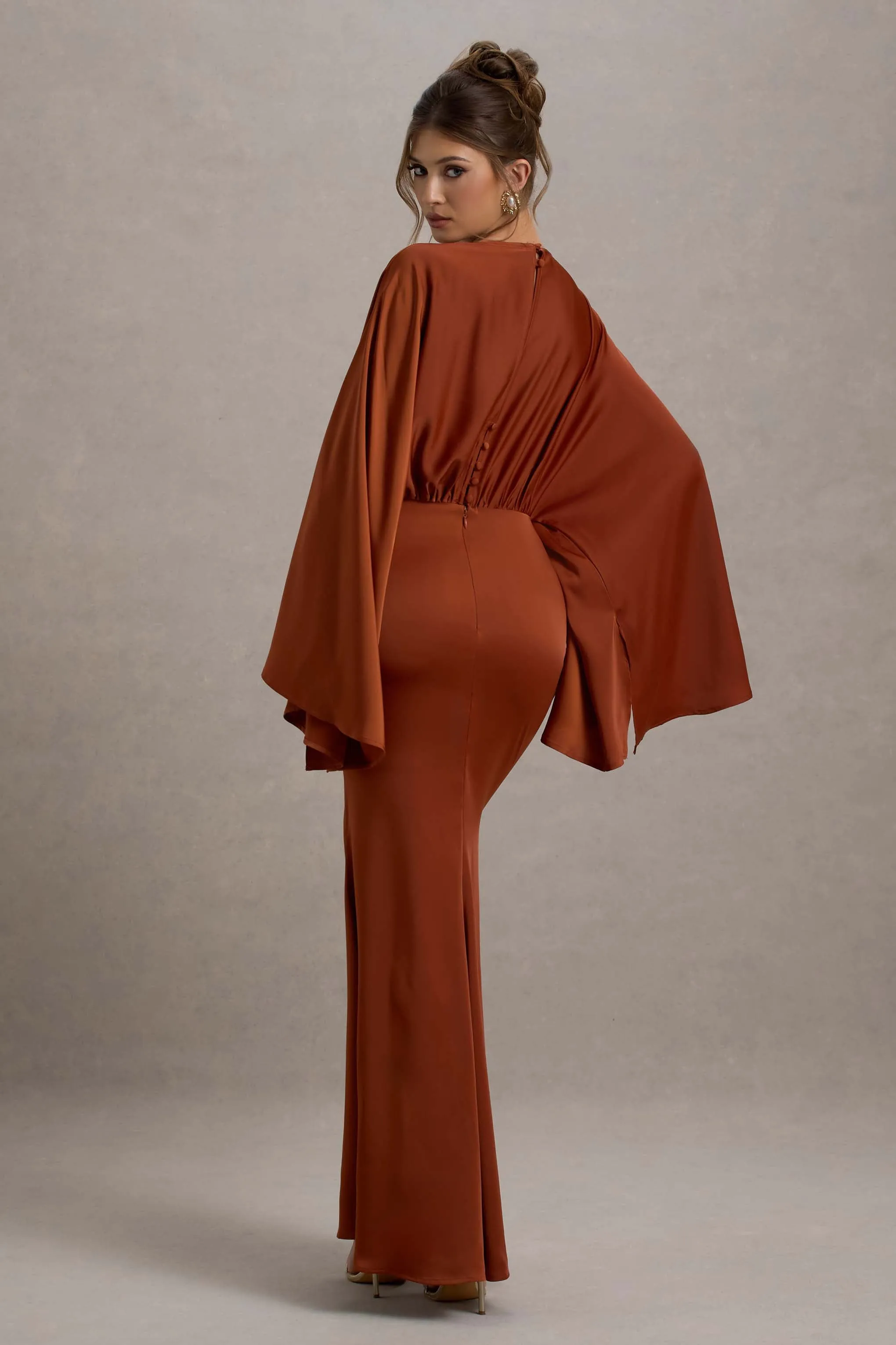 Zuzanna | Rust Draped Maxi Dress With Cape Sleeves Club L London