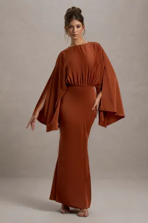 Zuzanna | Rust Draped Maxi Dress With Cape Sleeves Club L London