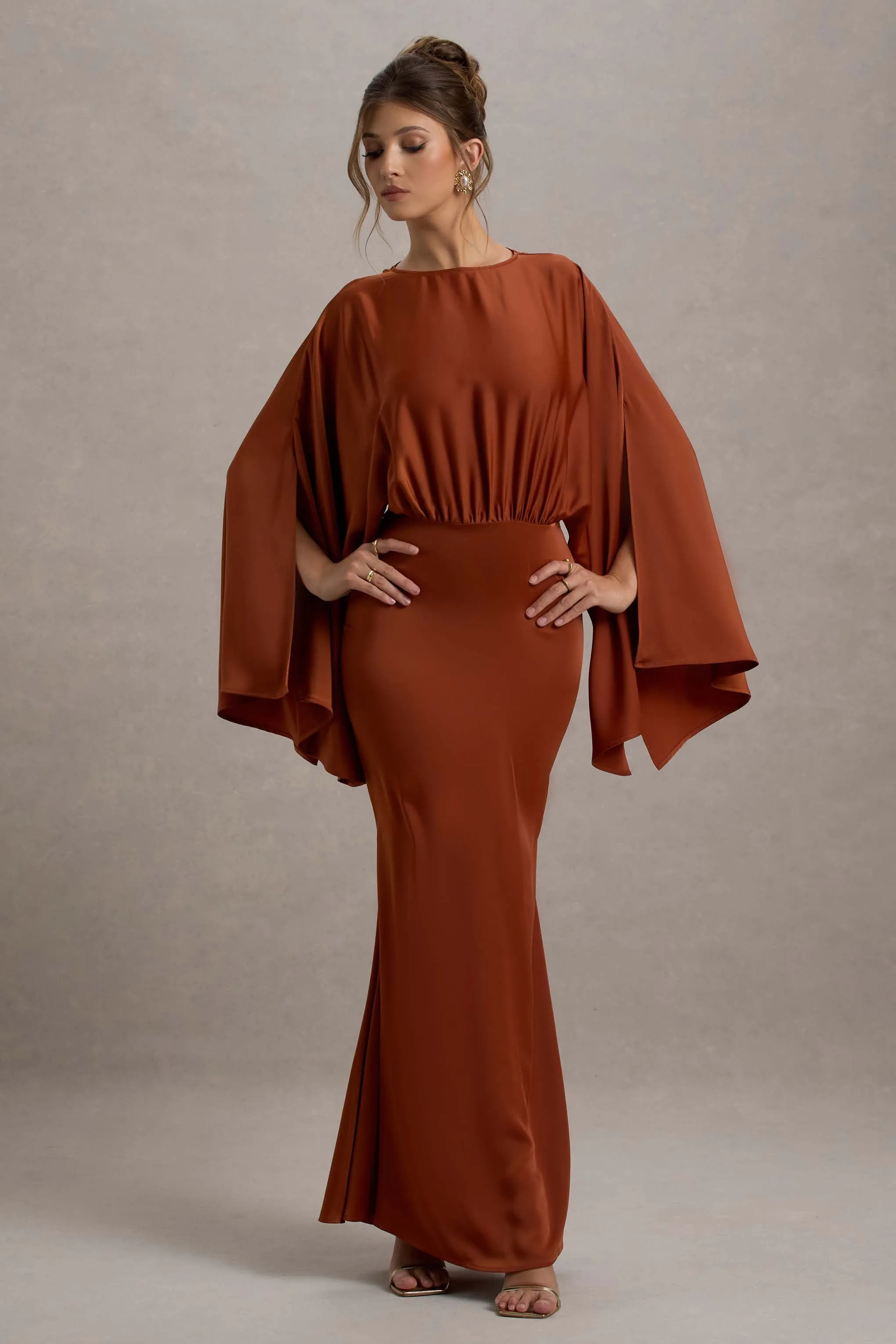 Zuzanna | Rust Draped Maxi Dress With Cape Sleeves Club L London