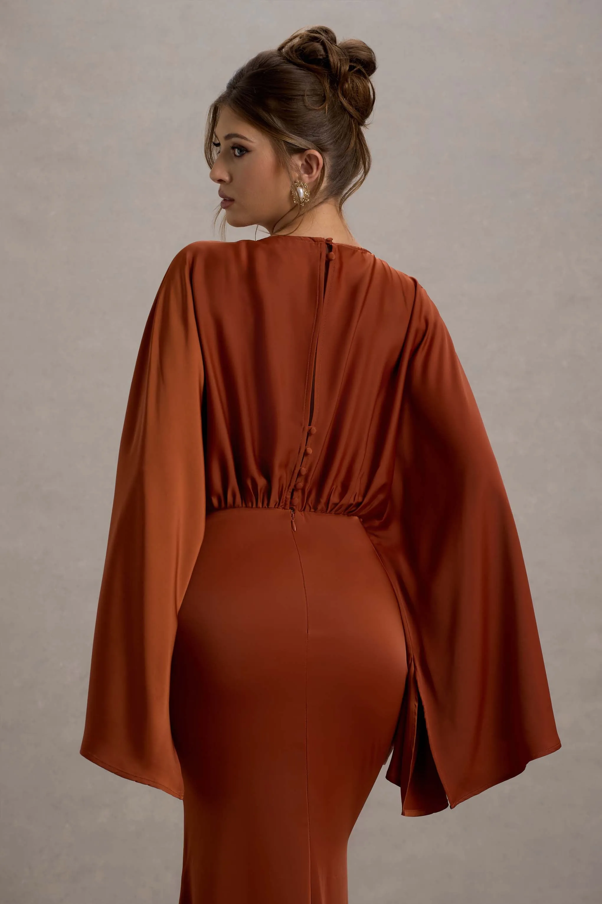Zuzanna | Rust Draped Maxi Dress With Cape Sleeves Club L London